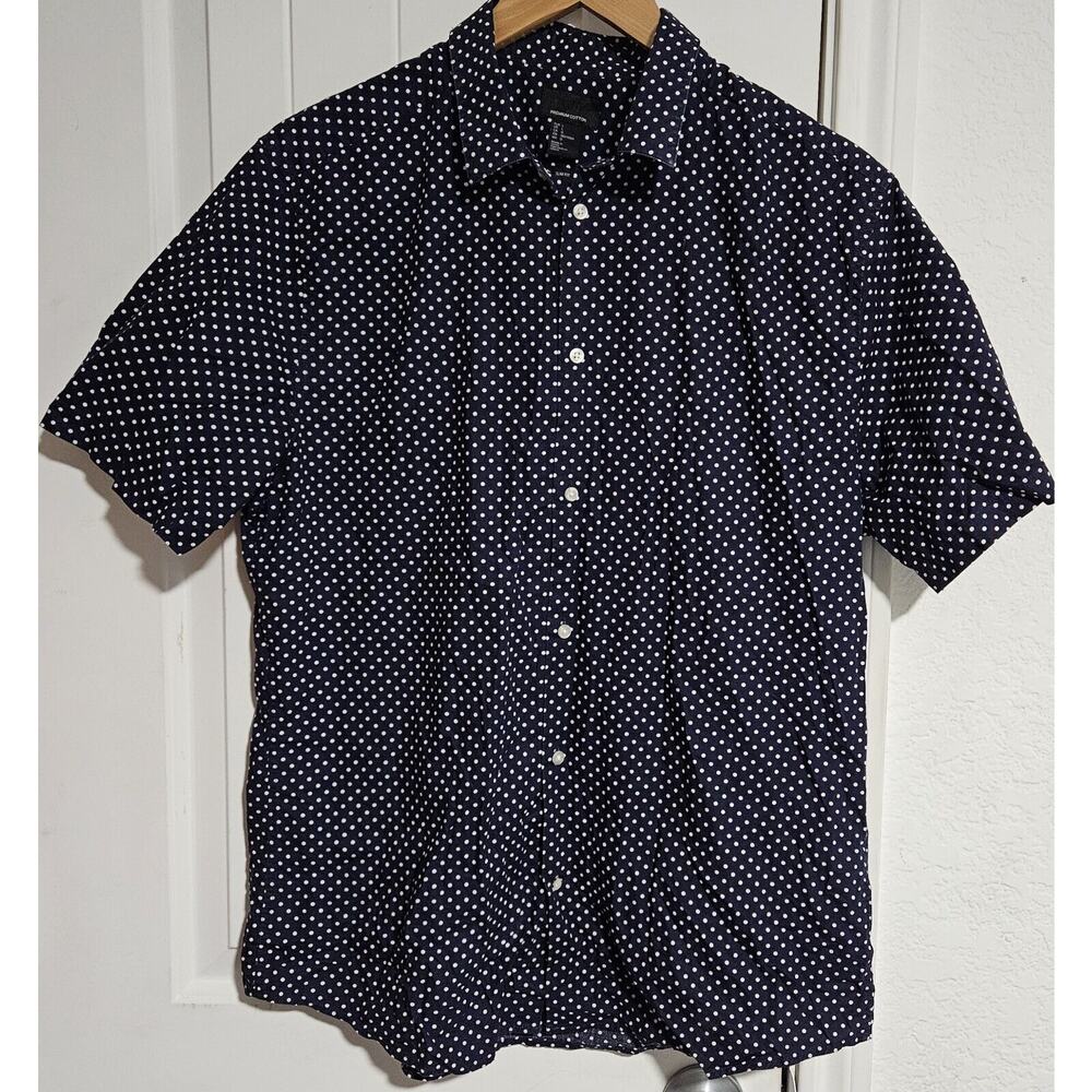 H&M Premium Cotton Shirt Sleeve Button-down Shirt Navy Blue With Polkadots Lrg.